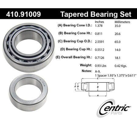 Centric Parts Premium Taper Bearing, 410.91009 410.91009